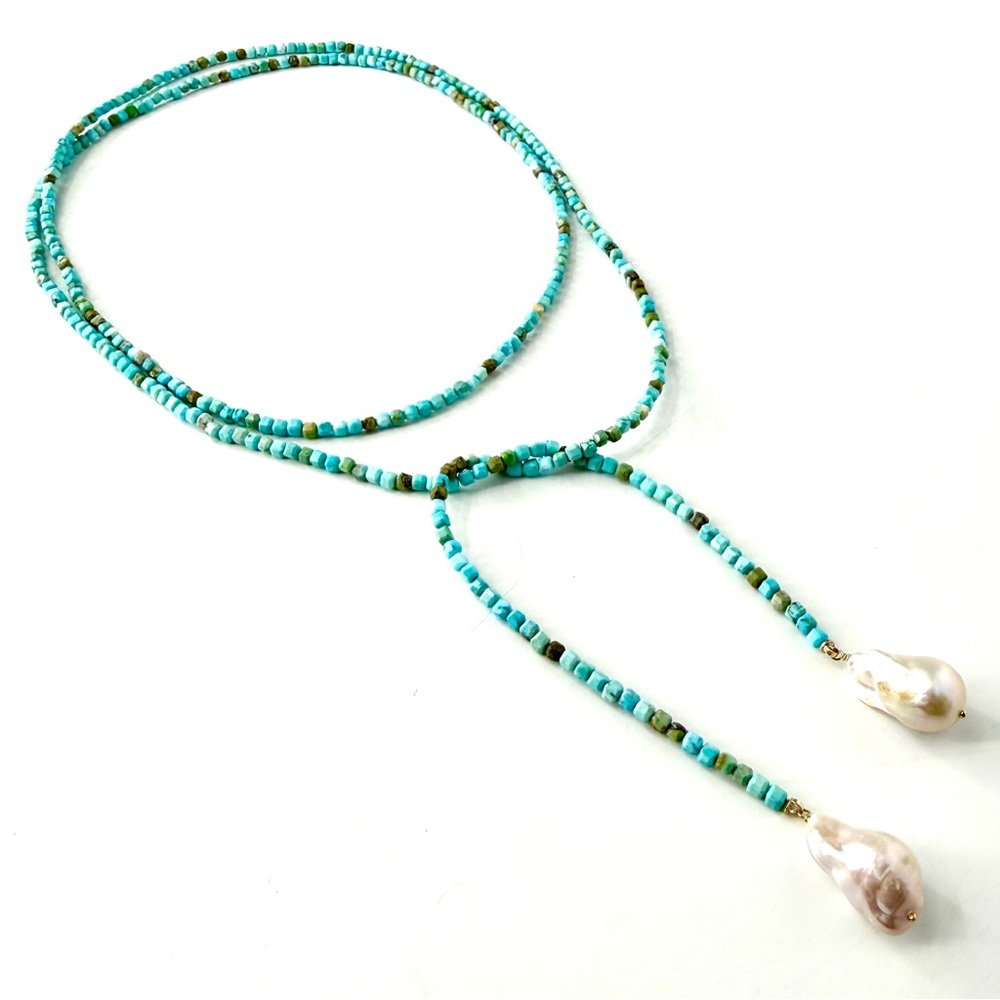 Turquoise Beaded Lariat Necklace with Baroque Pearl Drops - Picture 5 of 6
